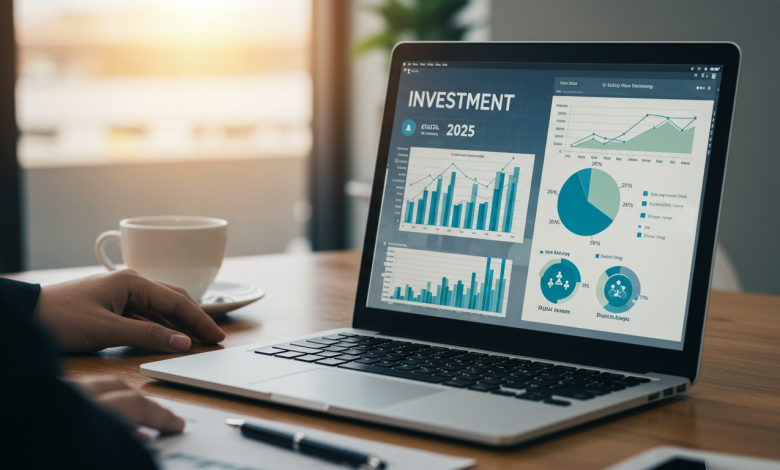 Laptop showing financial investment charts for 2025, showcasing top investment opportunities like blockchain and digital assets