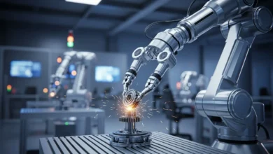 Futuristic robotic arm assembling mechanical components in a high-tech factory, polished metal surfaces, precise movements, soft dramatic lighting, ultra-realistic and highly detailed