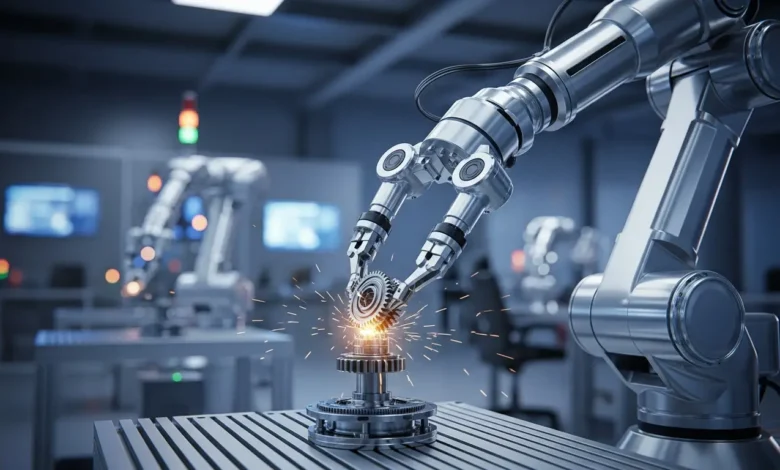 Futuristic robotic arm assembling mechanical components in a high-tech factory, polished metal surfaces, precise movements, soft dramatic lighting, ultra-realistic and highly detailed