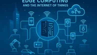 A futuristic smart city visualization showing the connection between Edge Computing and the Internet of Things (IoT), with glowing data lines linking devices, sensors, and edge servers for real-time data processing