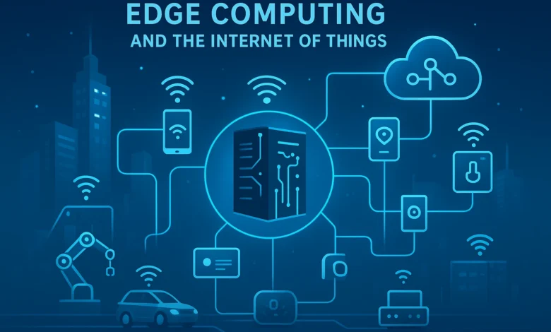 A futuristic smart city visualization showing the connection between Edge Computing and the Internet of Things (IoT), with glowing data lines linking devices, sensors, and edge servers for real-time data processing