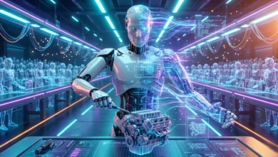 A futuristic humanoid robot stands in a massive digital simulation environment, bridging the gap between physical reality and virtual training using Embodied AI. Its body is half-metal, half-digital data streams