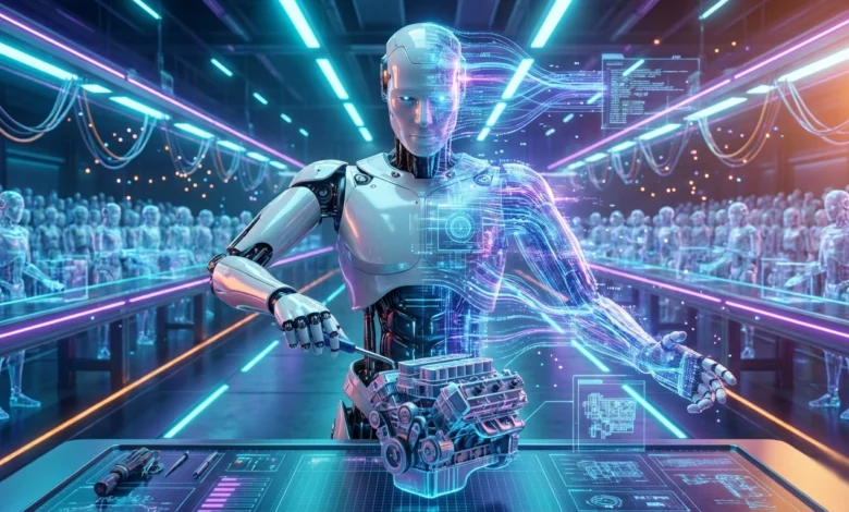 A futuristic humanoid robot stands in a massive digital simulation environment, bridging the gap between physical reality and virtual training using Embodied AI. Its body is half-metal, half-digital data streams