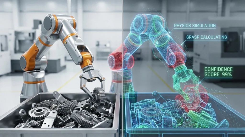 Split-screen illustration of an industrial robotic arm in a factory. The left side shows the physical robot, while the right side shows its digital twin and physics simulation data, illustrating the Sim-to-Real transfer process
