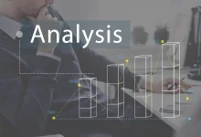 Business professional analyzing bar chart data with digital overlay, representing AI-driven data analysis and business intelligence
