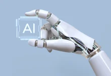 Robotic hand interacting with a virtual AI chip, illustrating the concept of Embodied Artificial Intelligence