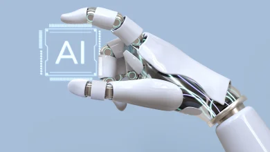 Robotic hand interacting with a virtual AI chip, illustrating the concept of Embodied Artificial Intelligence