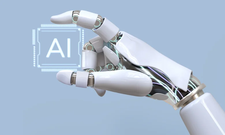 Robotic hand interacting with a virtual AI chip, illustrating the concept of Embodied Artificial Intelligence